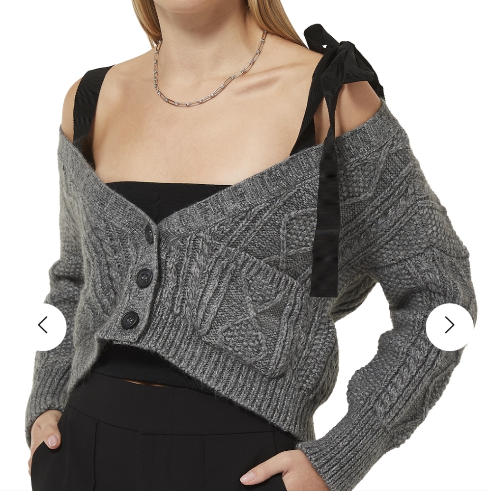 RED VALENTINO off the shoulder cable knit cropped cardigan in grey L NWOT